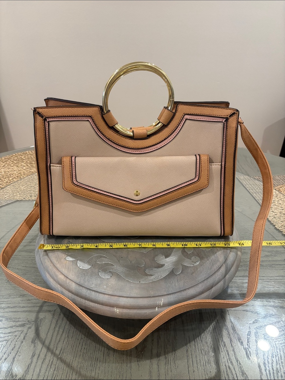 Liz Claiborne Chic Two-Tone Beige & Tan Handbag with Gold Ring Handles